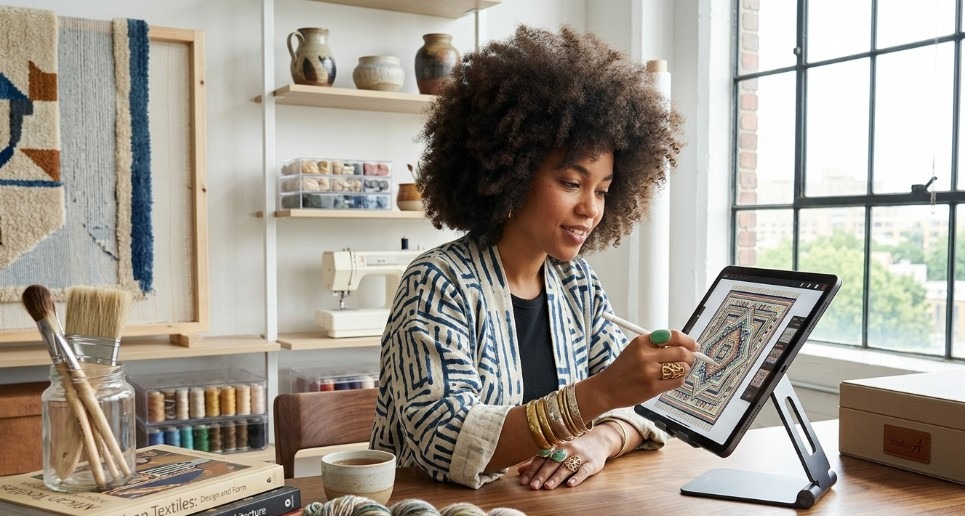 Creative professional working on a tablet in a sunlit studio