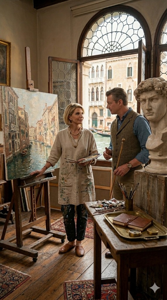 Artist and partner discussing creative work