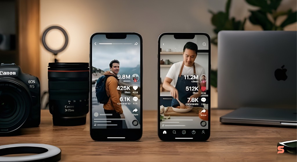 Two phones showing Schedra social analytics and short-form video