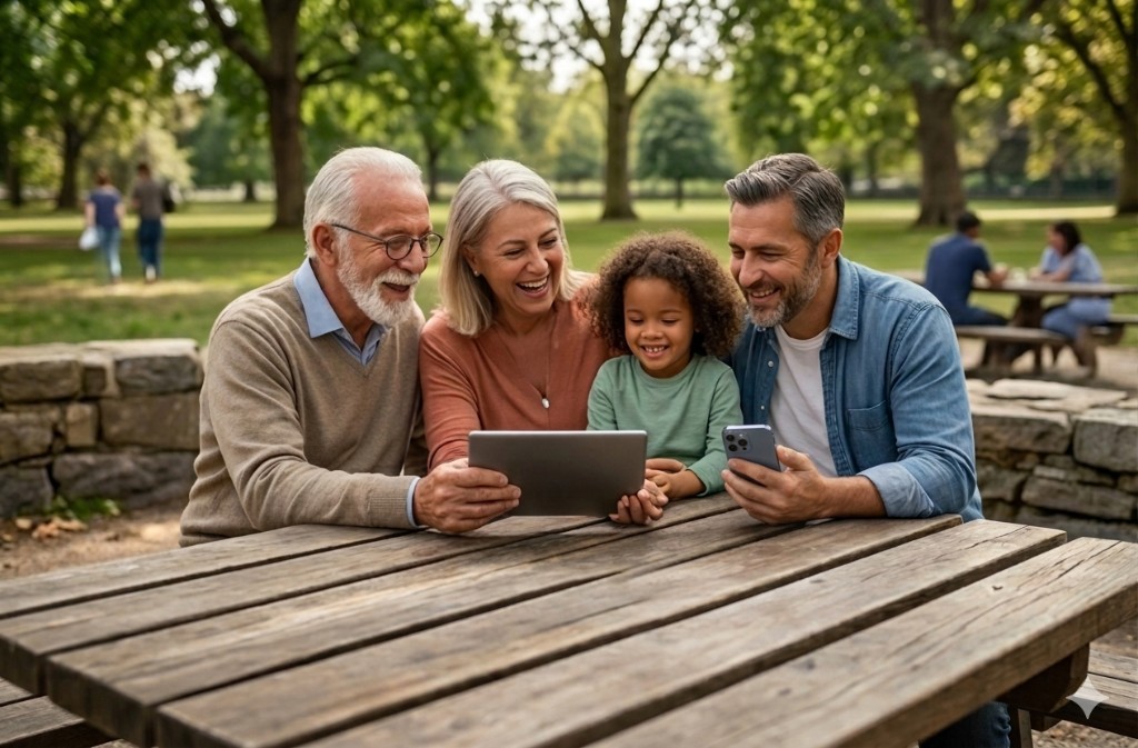 Family using tablet and smartphone in a park