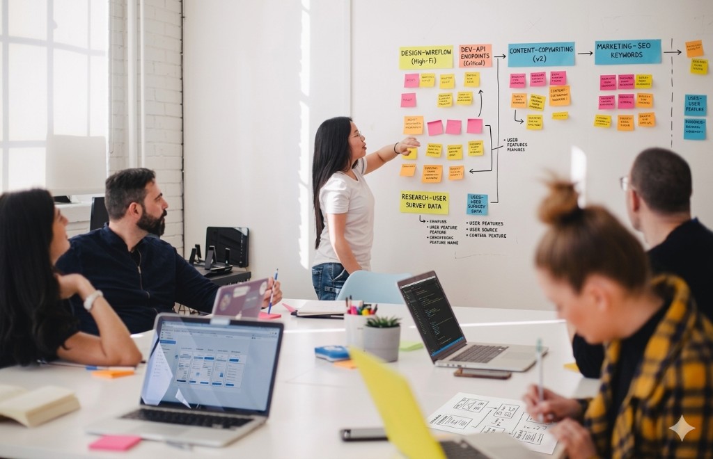 Team workshop with a large display