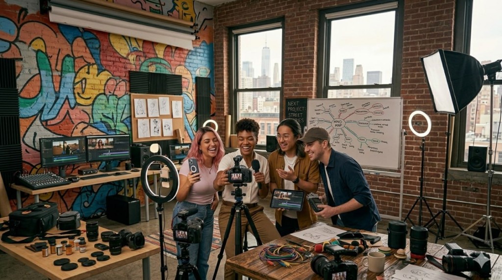 Creators collaborating in a content studio