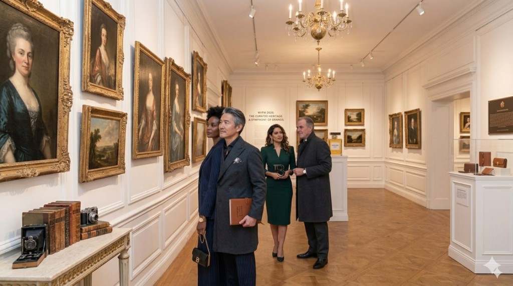 Professionals reviewing curated brand exhibits in a gallery