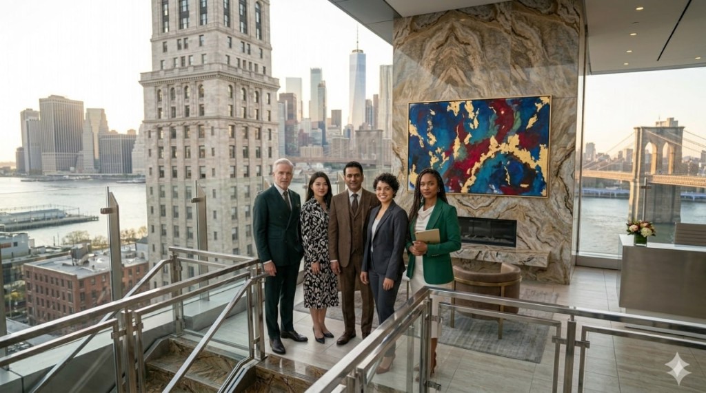 Investor team standing in a modern city office