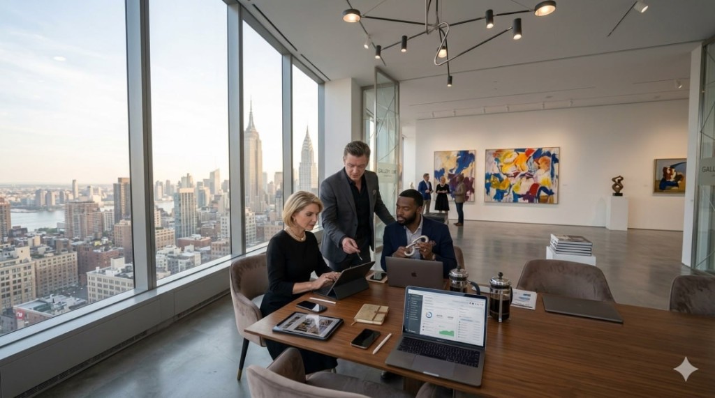 Professionals reviewing transaction data in a modern office